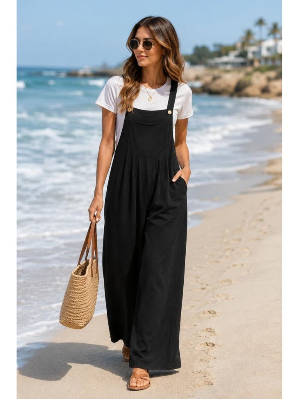 Womens Wide Leg Overalls Casual Loose Fit Jumpsuit Pants with Pockets